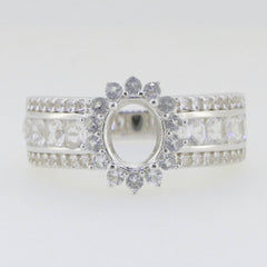 Sterling Silver Semi Mount Ring Setting Oval OV 8x6mm Double Halo Whit - Syzjewelry