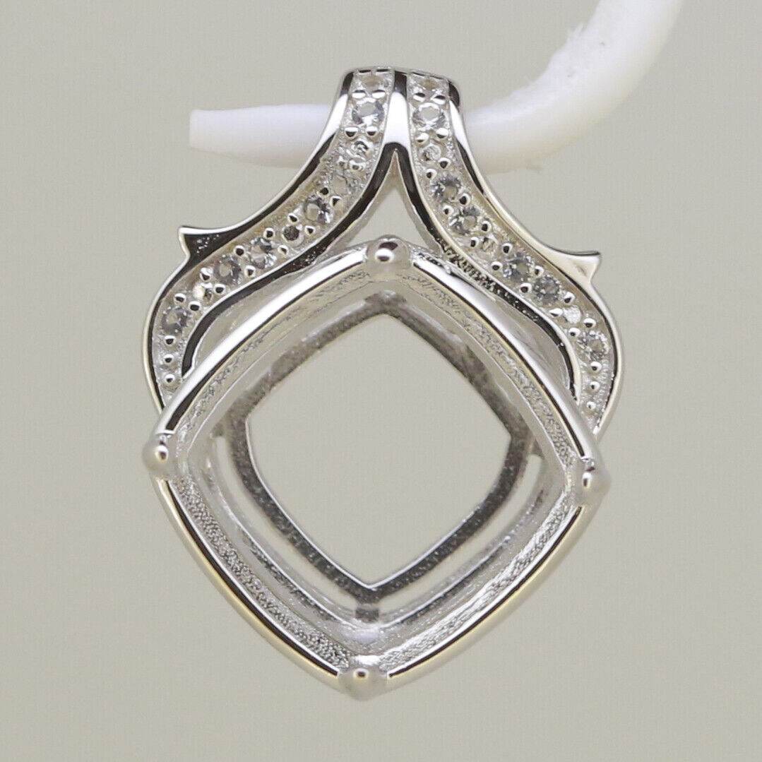 Sterling Silver Semi Mount Pendant Setting Cushion Cu 12x12mm White Topaz - Syzjewelry