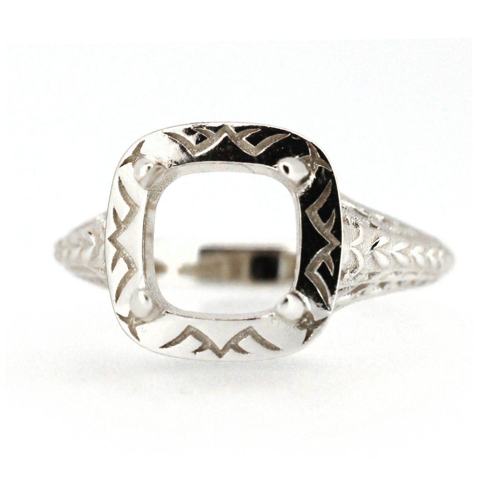 Art Deco Style Sterling Silver Semi Mount Ring Setting Cushion CU 7x7mm - Syzjewelry
