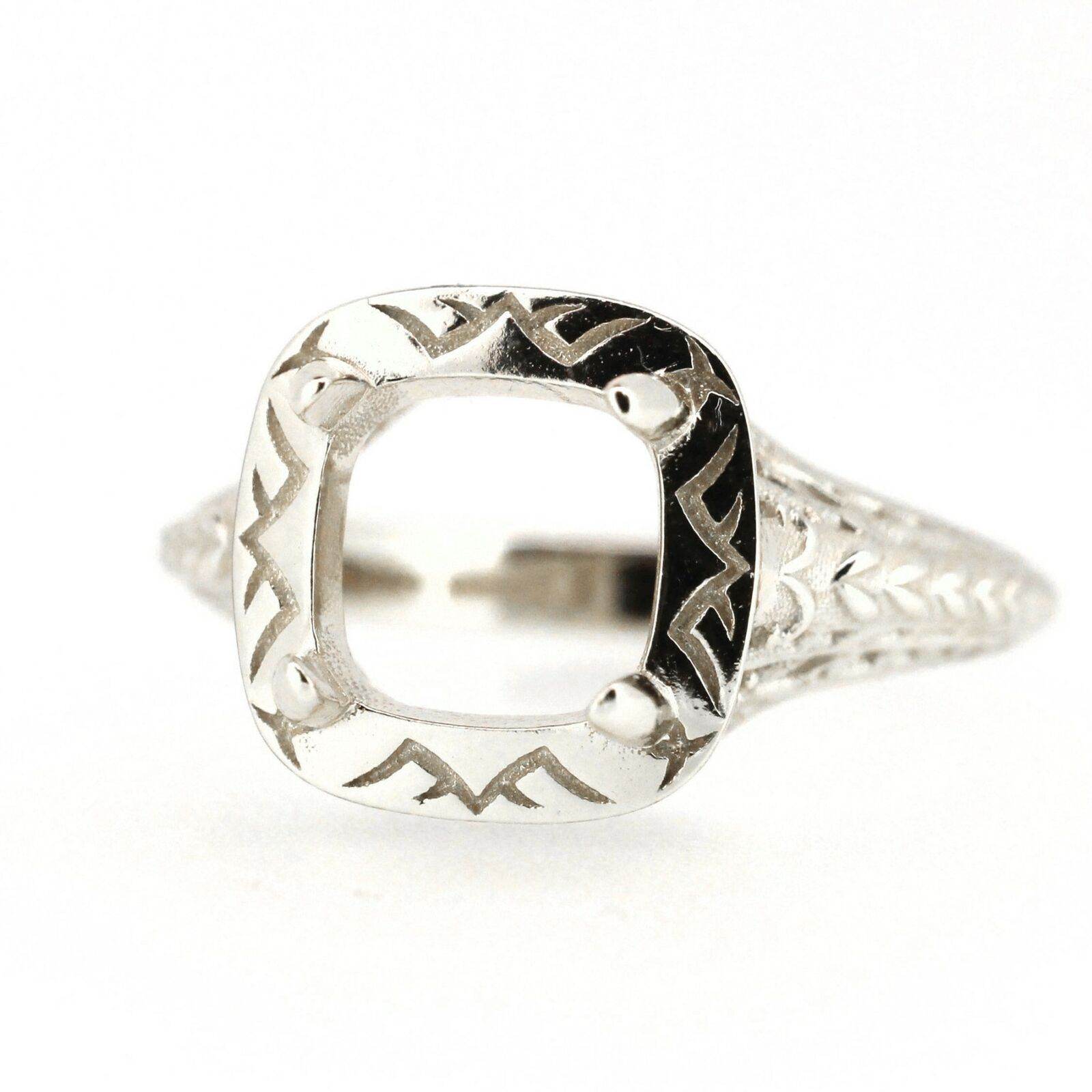 Art Deco Style Sterling Silver Semi Mount Ring Setting Cushion CU 7x7mm - Syzjewelry