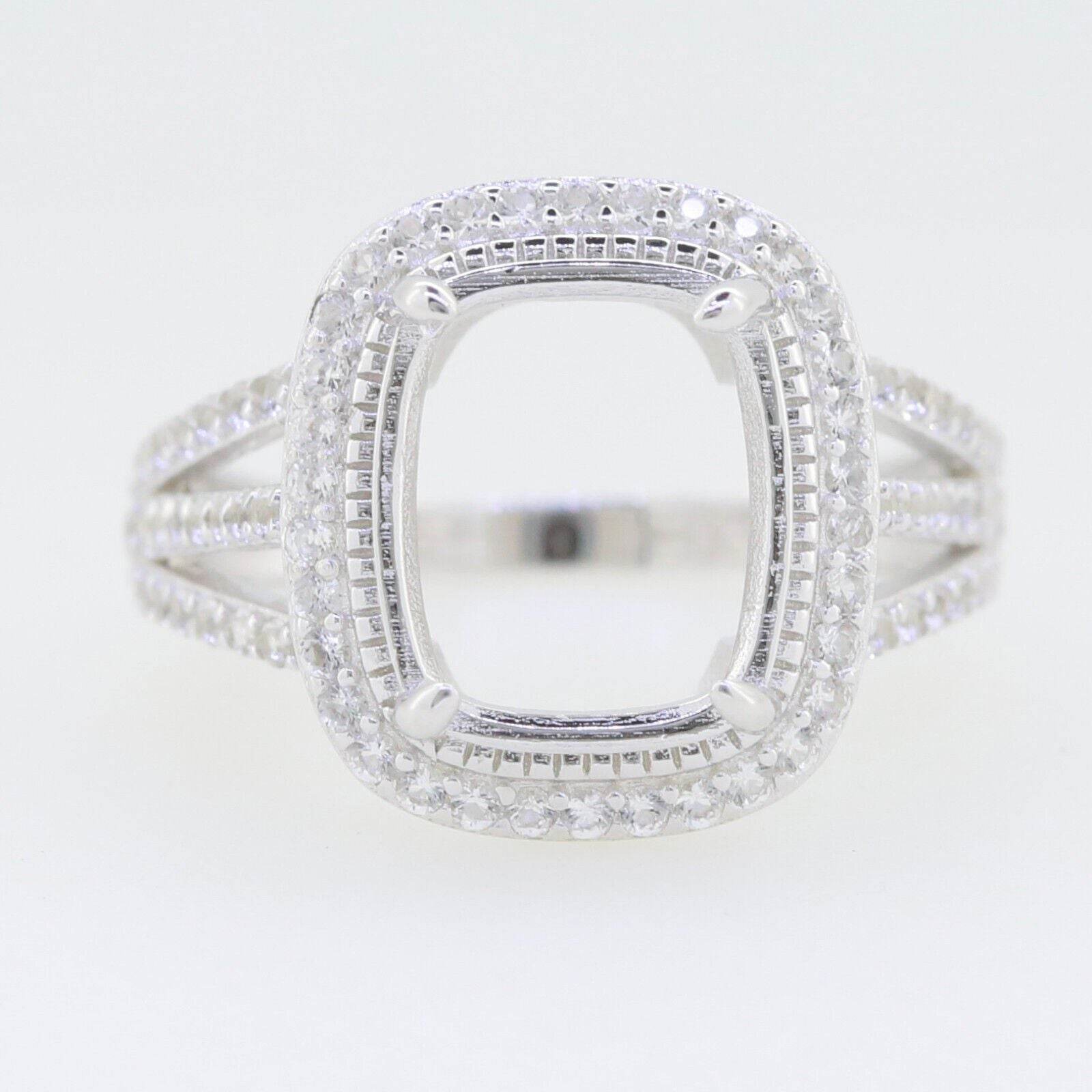 Sterling Silver Semi Mount Ring Setting Cushion CU 12x10mm Halo White - Syzjewelry