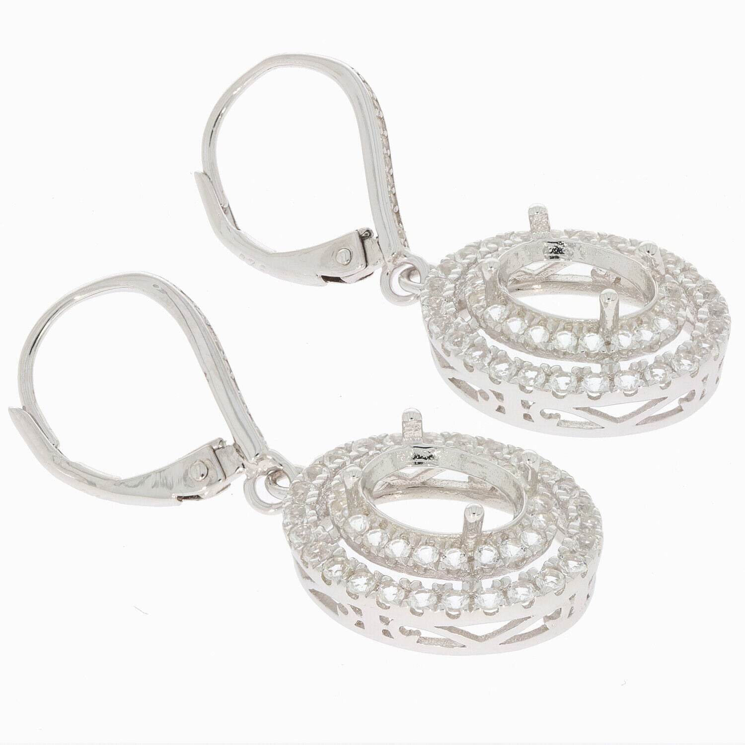 Sterling Silver Semi Mount Earrings Setting Oval OV 7X5mm Dangle Double Halo - Syzjewelry