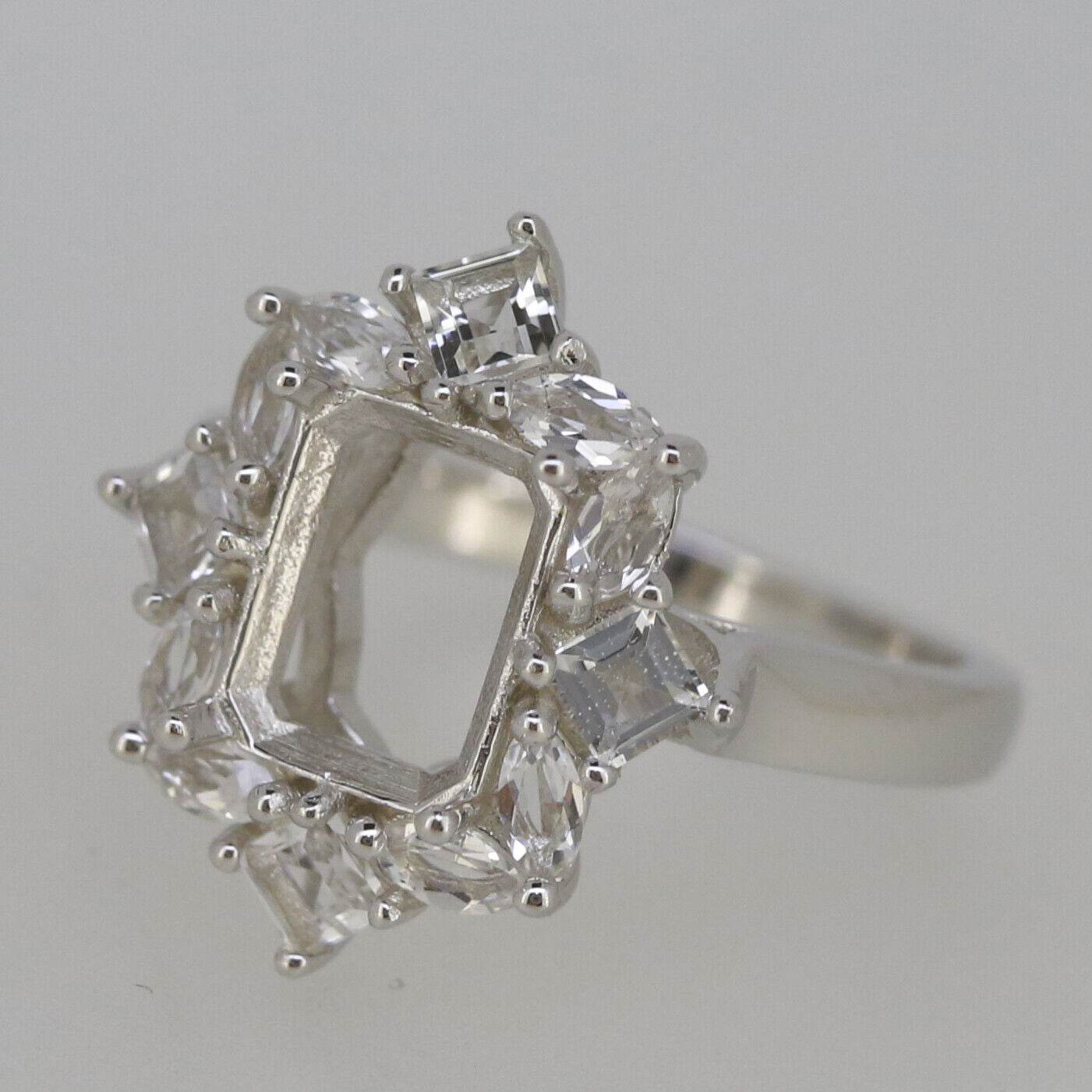 Sterling Silver Semi Mount Ring Setting OCT 9x7mm W/ Halo Baguette Accents - Syzjewelry