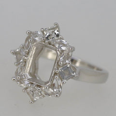 Sterling Silver Semi Mount Ring Setting OCT 9x7mm W/ Halo Baguette Accents - Syzjewelry