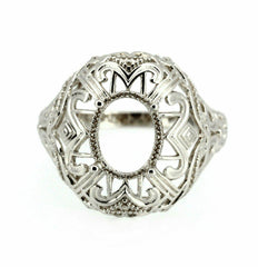 Sterling Silver Semi Mount Ring Setting Oval OV 10x8mm Art Deco Style - Syzjewelry