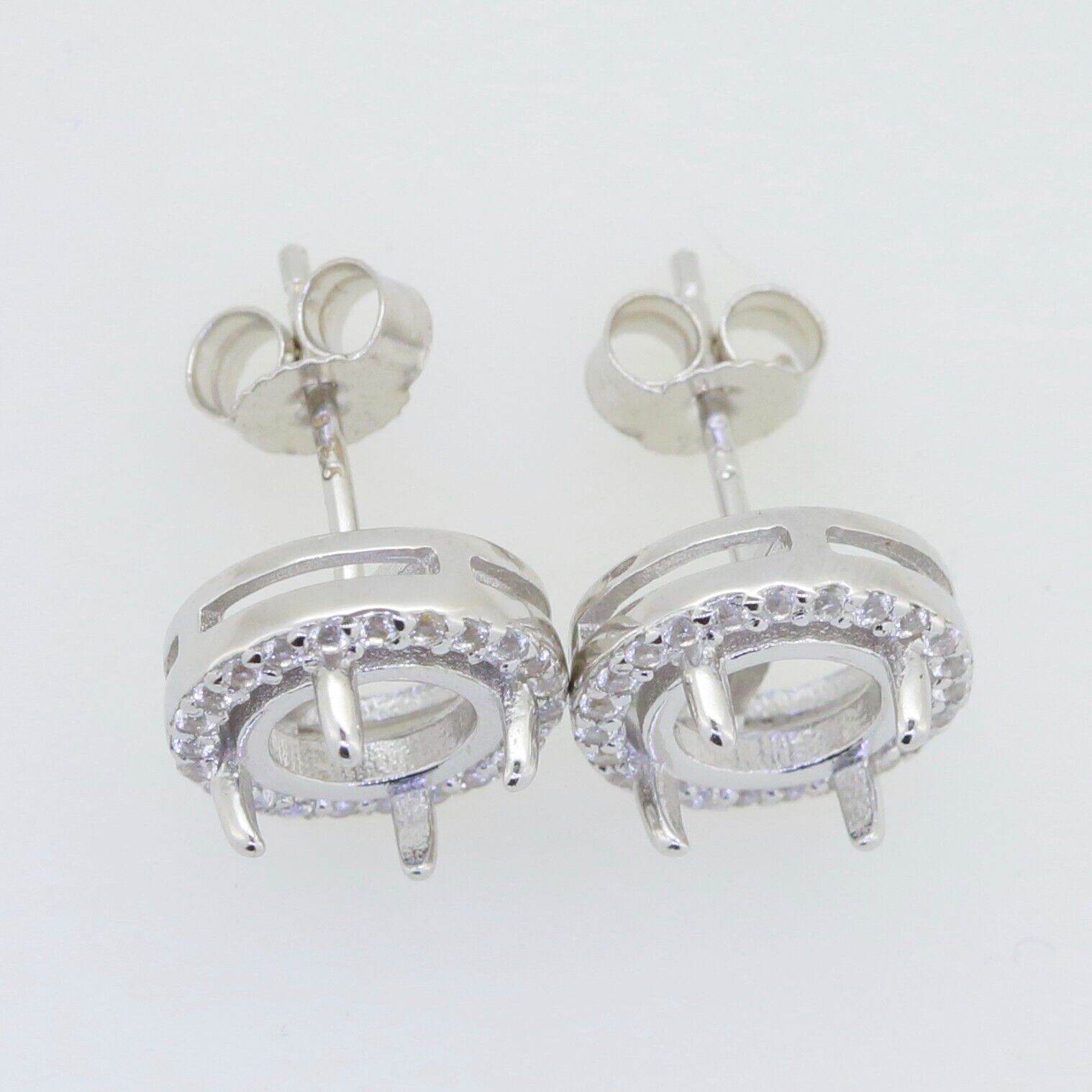 Sterling Silver Semi Mount Earrings Setting Round RD 7x7mm Halo Stud Topaz Cab - Syzjewelry