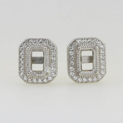 Sterling Silver Semi Mount Earrings Setting Emerald OCT 6x4mm Stud W/ Milgrain - Syzjewelry