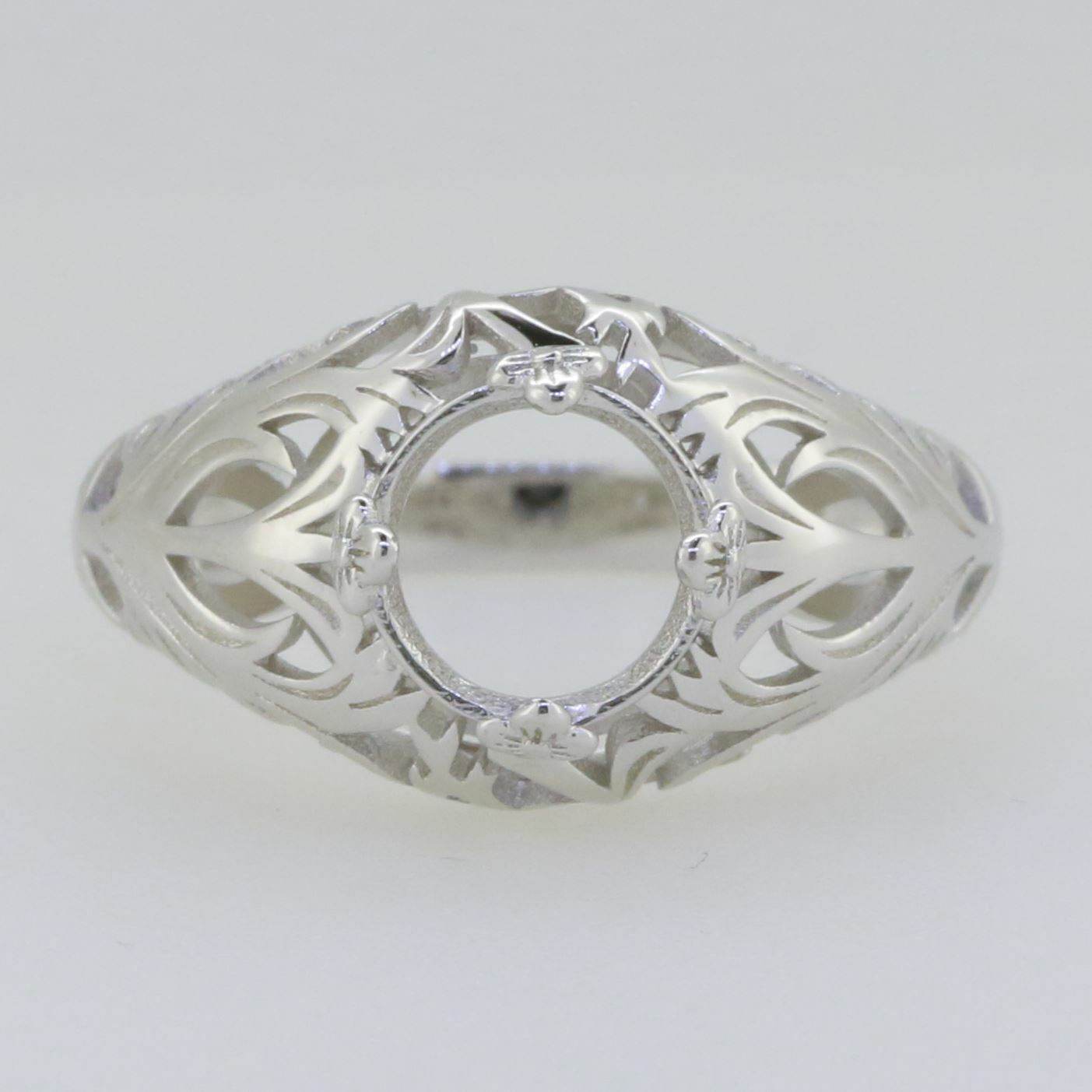 14K White Gold Semi Mount Ring Setting Round RD 8x8mm Art Deco Style - Syzjewelry