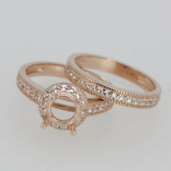 2 Piece 14K Rose Gold Semi Mount Ring Setting Round RD 6.5x6.5mm Halo Engagement - Syzjewelry