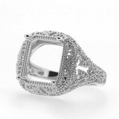 Filigree Sterling Silver Semi Mount Ring Setting Emerald OCT 11x9mm Vintage Repr - Syzjewelry