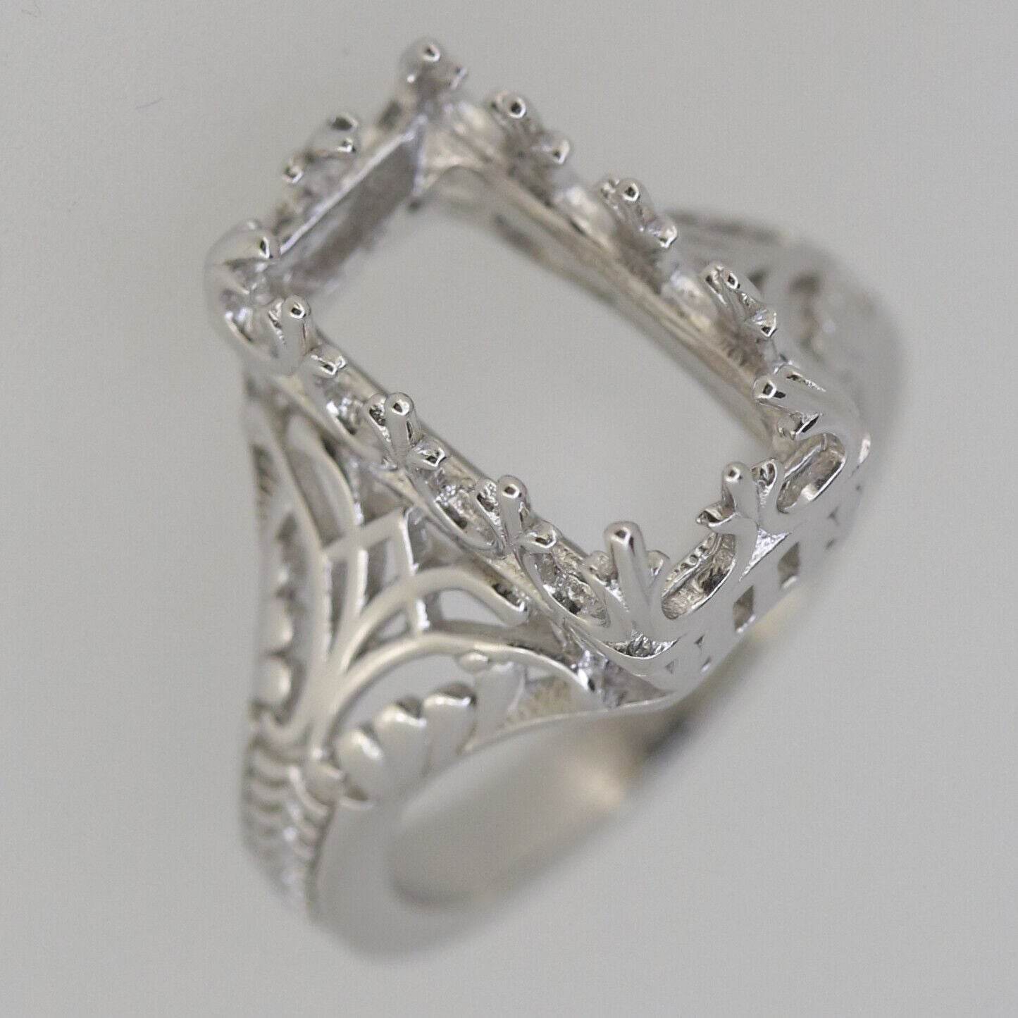 Art Deco Style Sterling Silver Semi Mount Ring Setting Emerald OCT 14x8mm - Syzjewelry