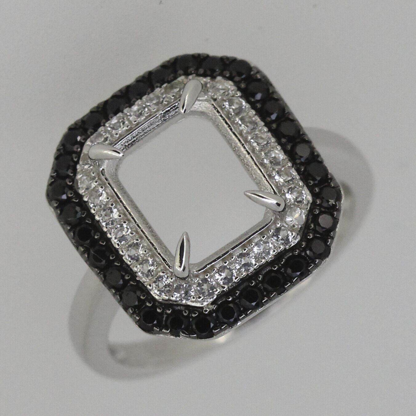 Sterling Silver Semi Mount Ring Setting Emerald OCT 10x8mm Black Spinel White Topaz Double Halo - Syzjewelry