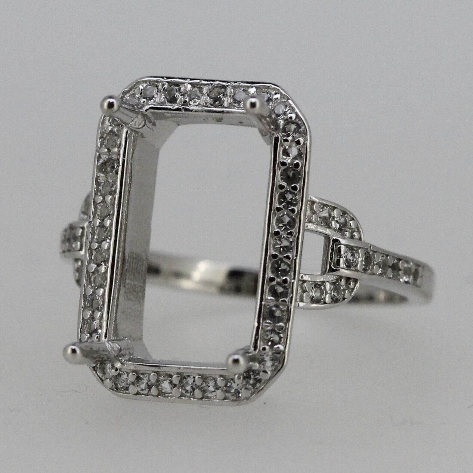 Sterling Silver Semi Mount Ring Setting Emerald OCT 14x8mm Halo White Topaz - Syzjewelry