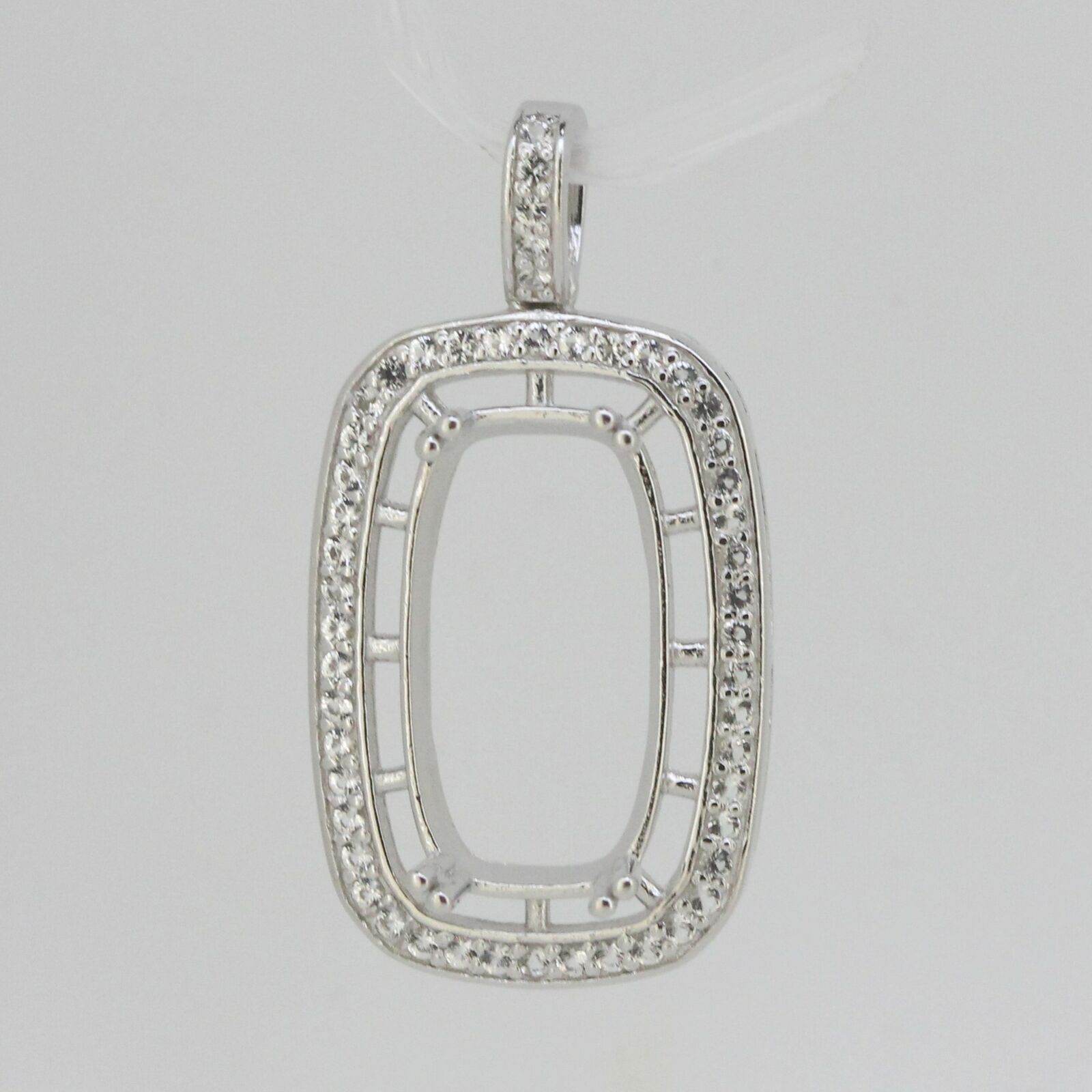 Sterling Silver Semi Mount Pendant Setting Cushion Cu 17x10mm Halo White Topaz - Syzjewelry