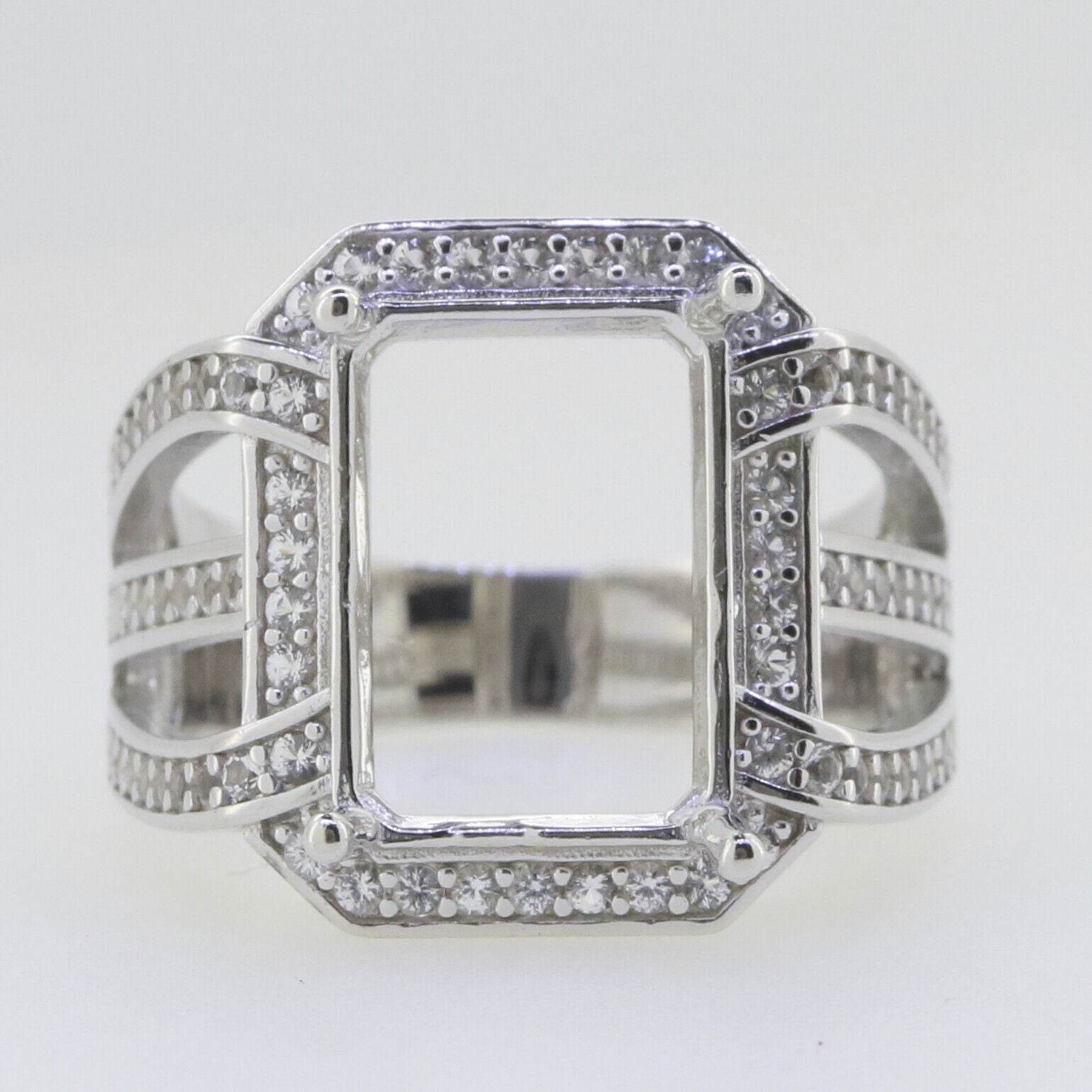 Sterling Silver Semi Mount Ring Setting Emerald OCT 14x10mm Halo Split Shank L56 - Syzjewelry