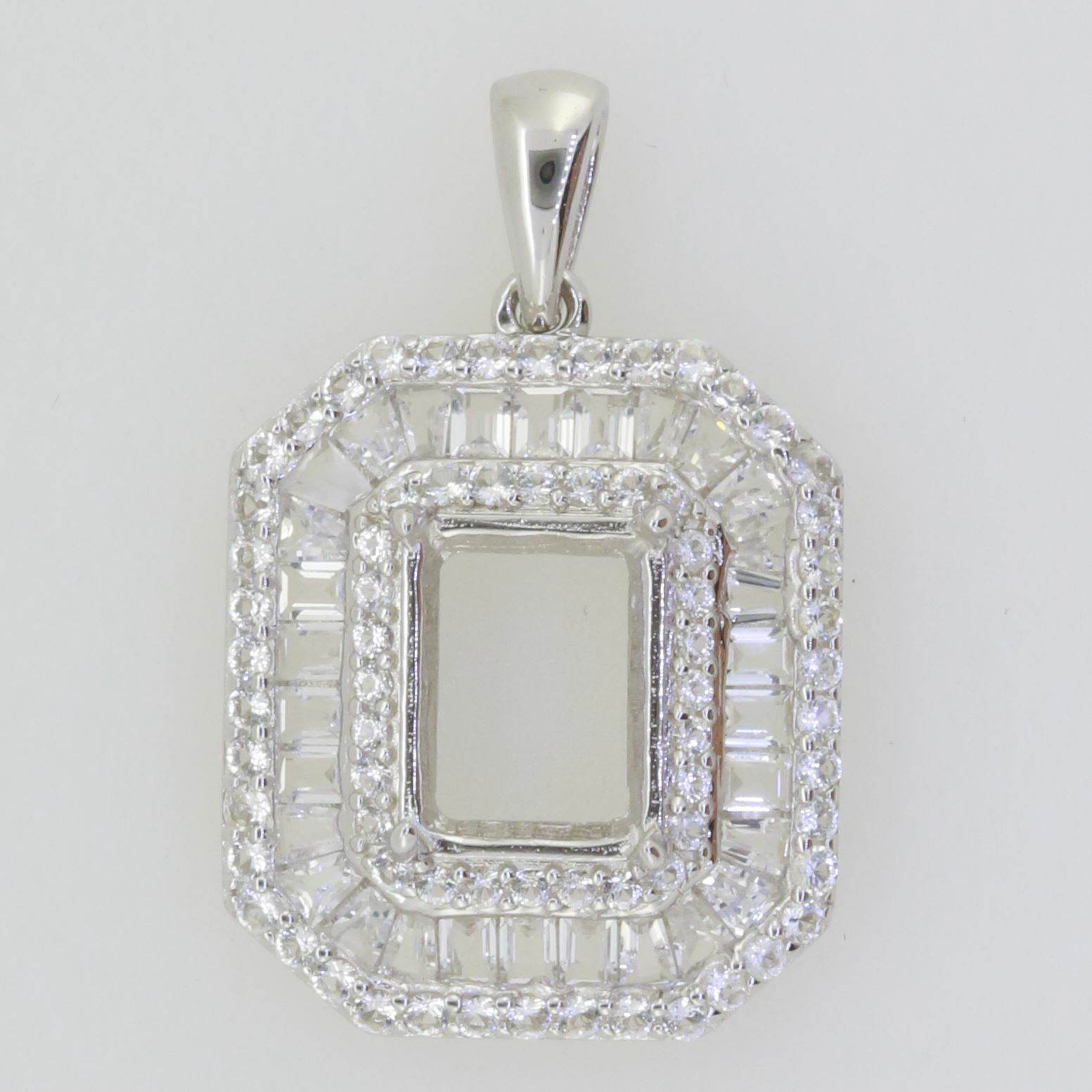 Sterling Silver Semi Mount Pendant Setting Emerald OCT 9X7mm White Topaz - Syzjewelry