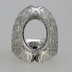 Sterling Silver Semi Mount Ring Setting Oval OV 15x11mm Cabochon Filigree - Syzjewelry