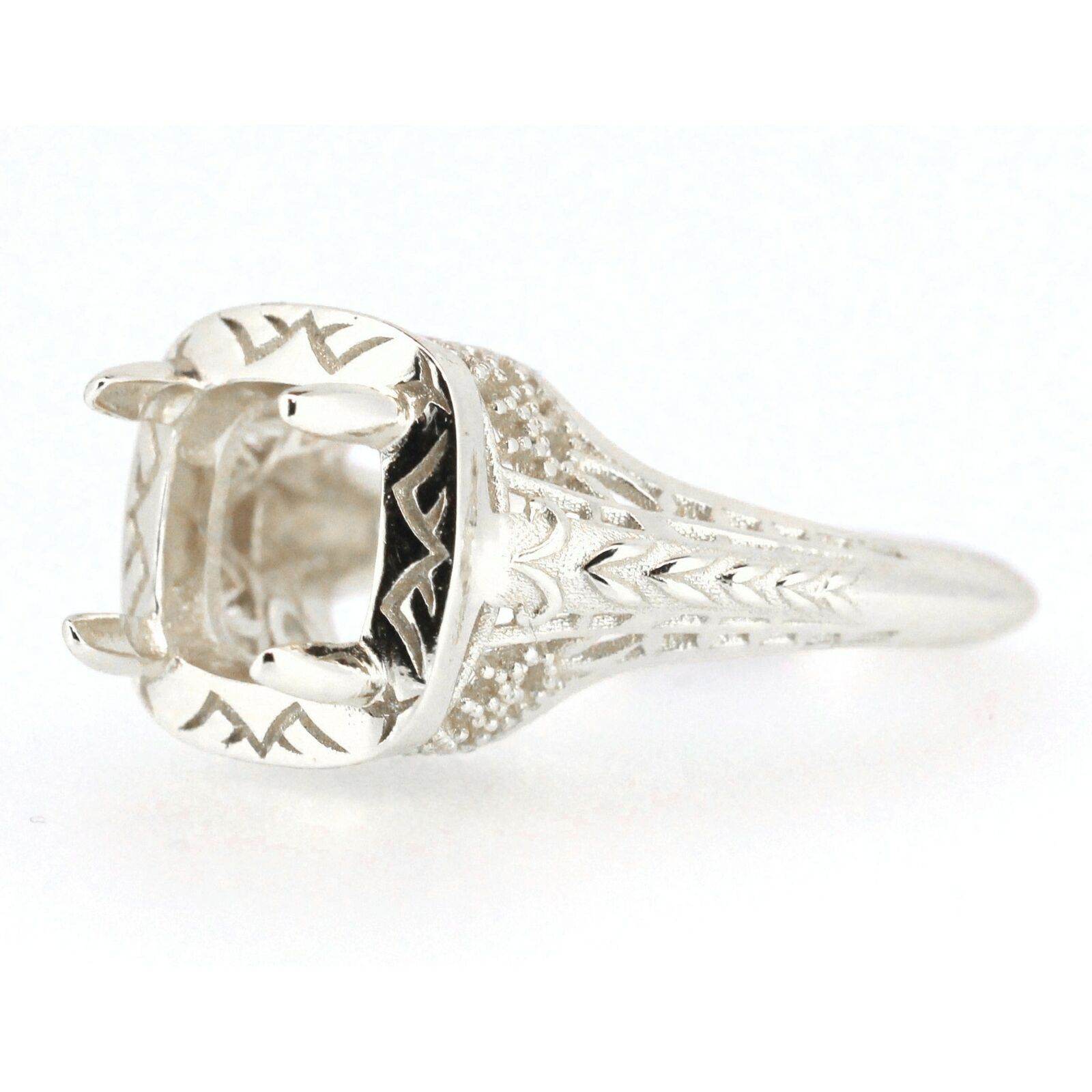 Art Deco Style Sterling Silver Semi Mount Ring Setting Cushion CU 7x7mm - Syzjewelry