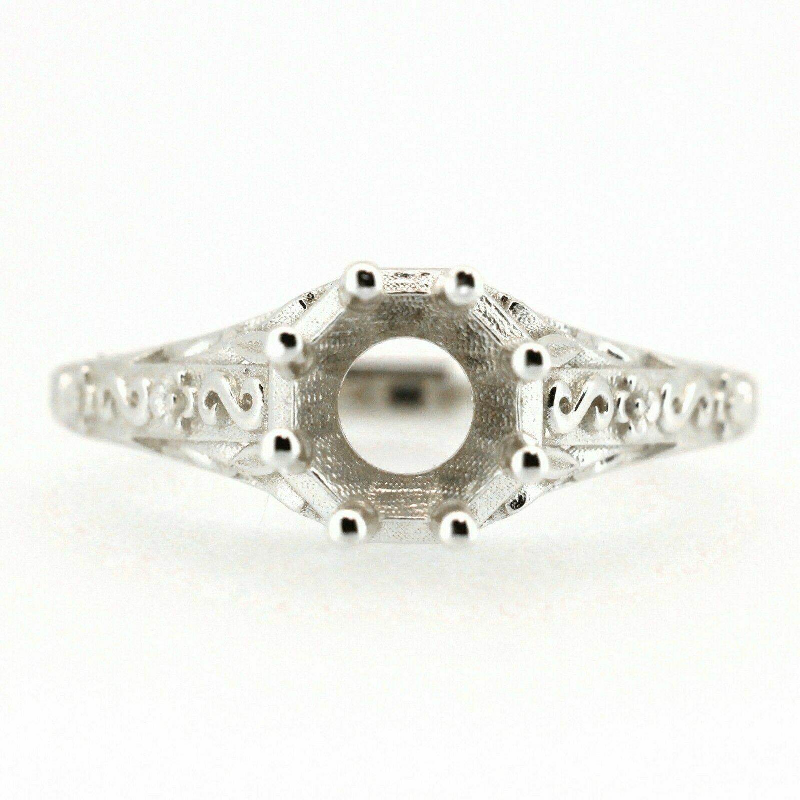 Art Deco Style Sterling Silver Semi Mount Ring Setting Round RD 6x6mm - Syzjewelry