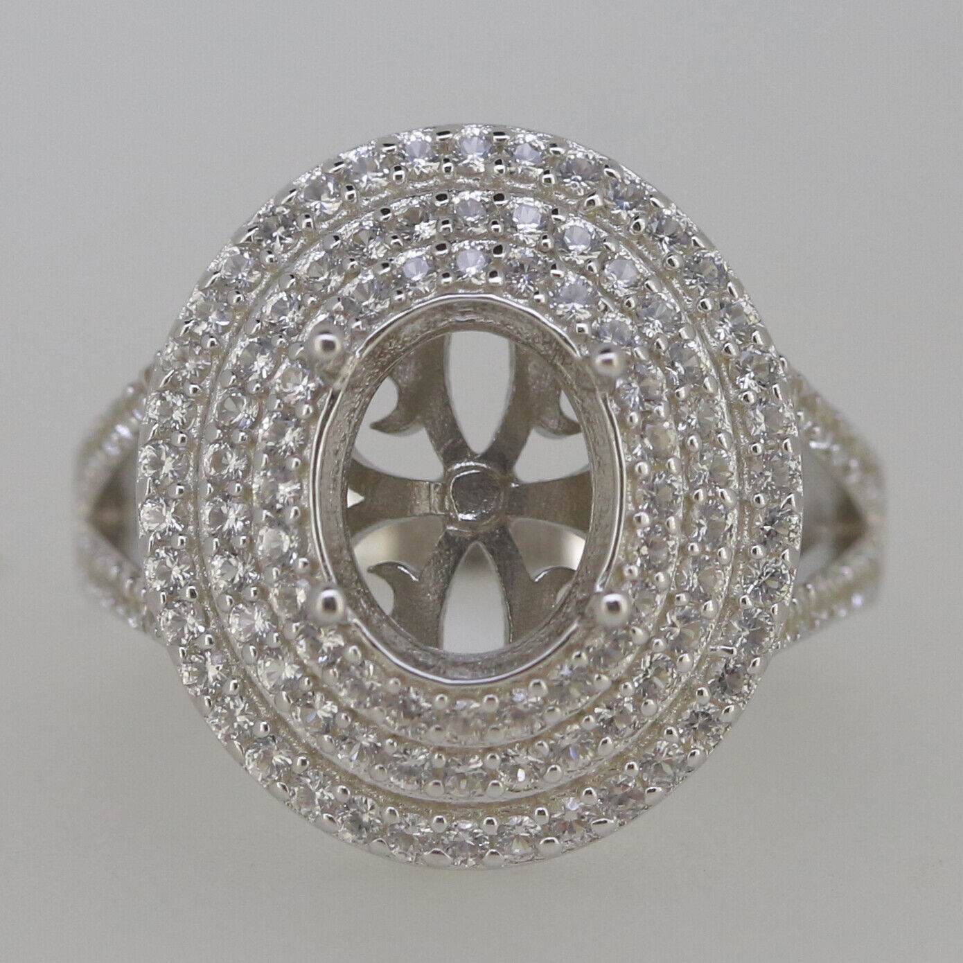 Sterling Silver Semi Mount Ring Setting Oval OV 10x8mm Black Spinel Triple Halo Split Shank - Syzjewelry