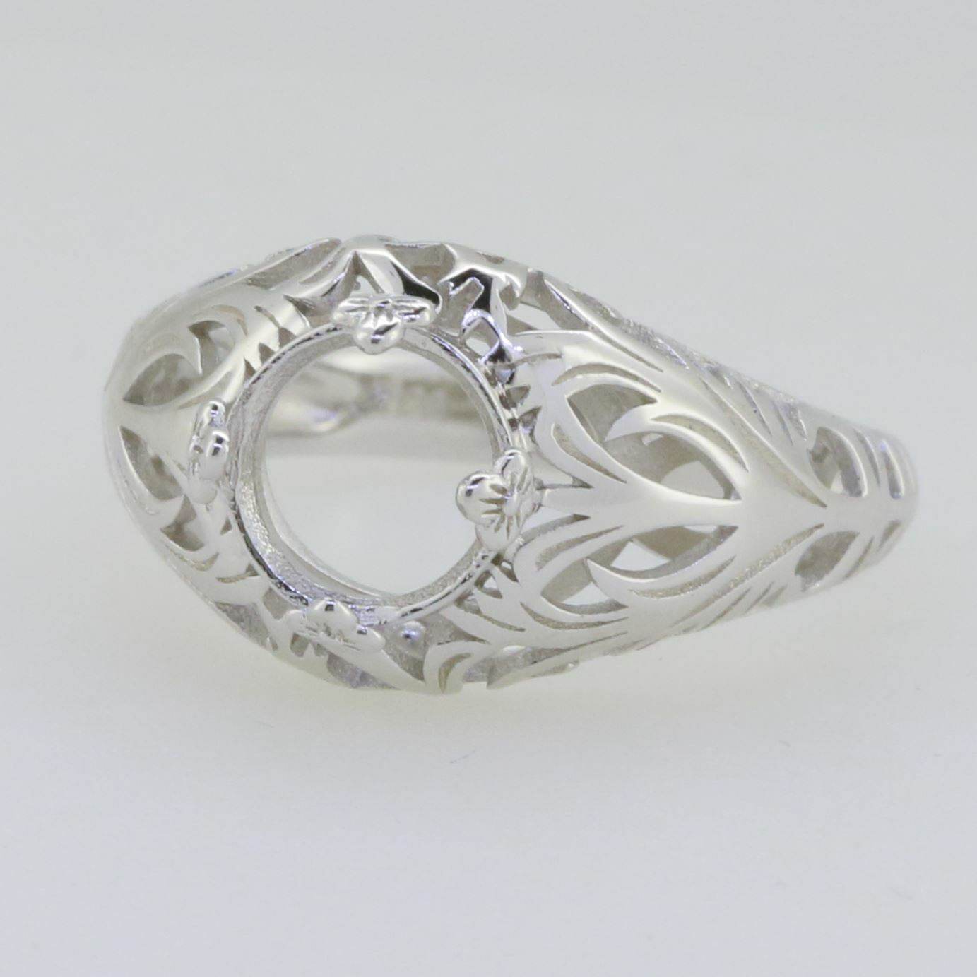 14K White Gold Semi Mount Ring Setting Round RD 8x8mm Art Deco Style - Syzjewelry