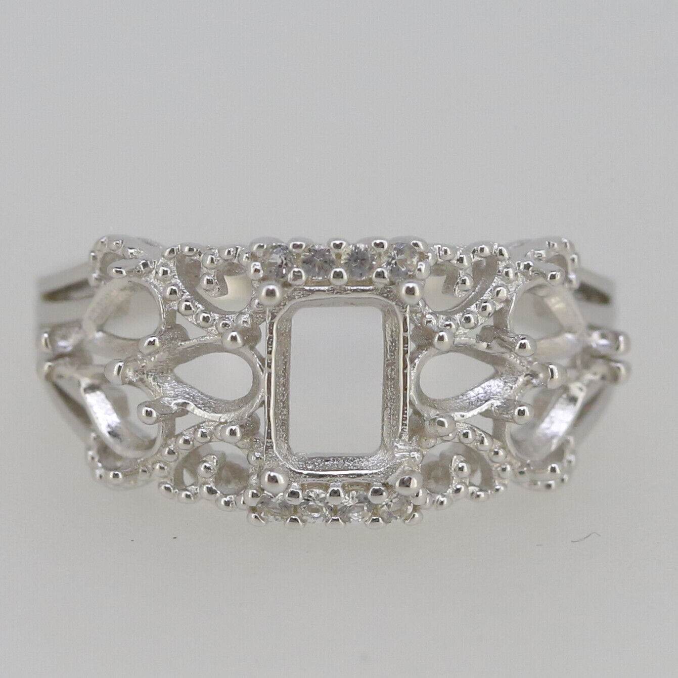 Sterling Silver Semi Mount Ring Setting Emerald OCT 7x5mm PE 5x3mm White Top - Syzjewelry