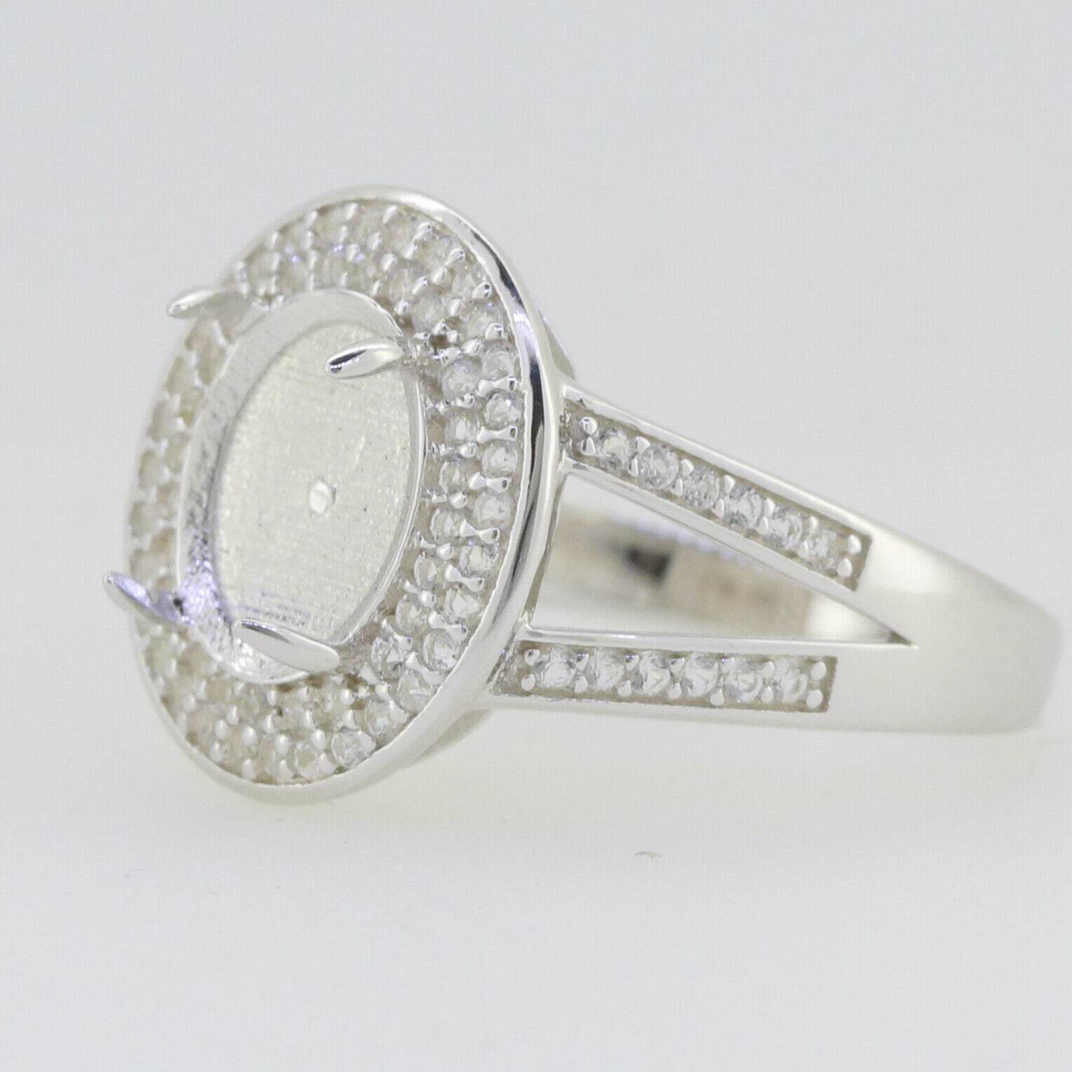 Sterling Silver Semi Mount Ring Setting Cab Oval OV 10X8mm Double Halo - Syzjewelry