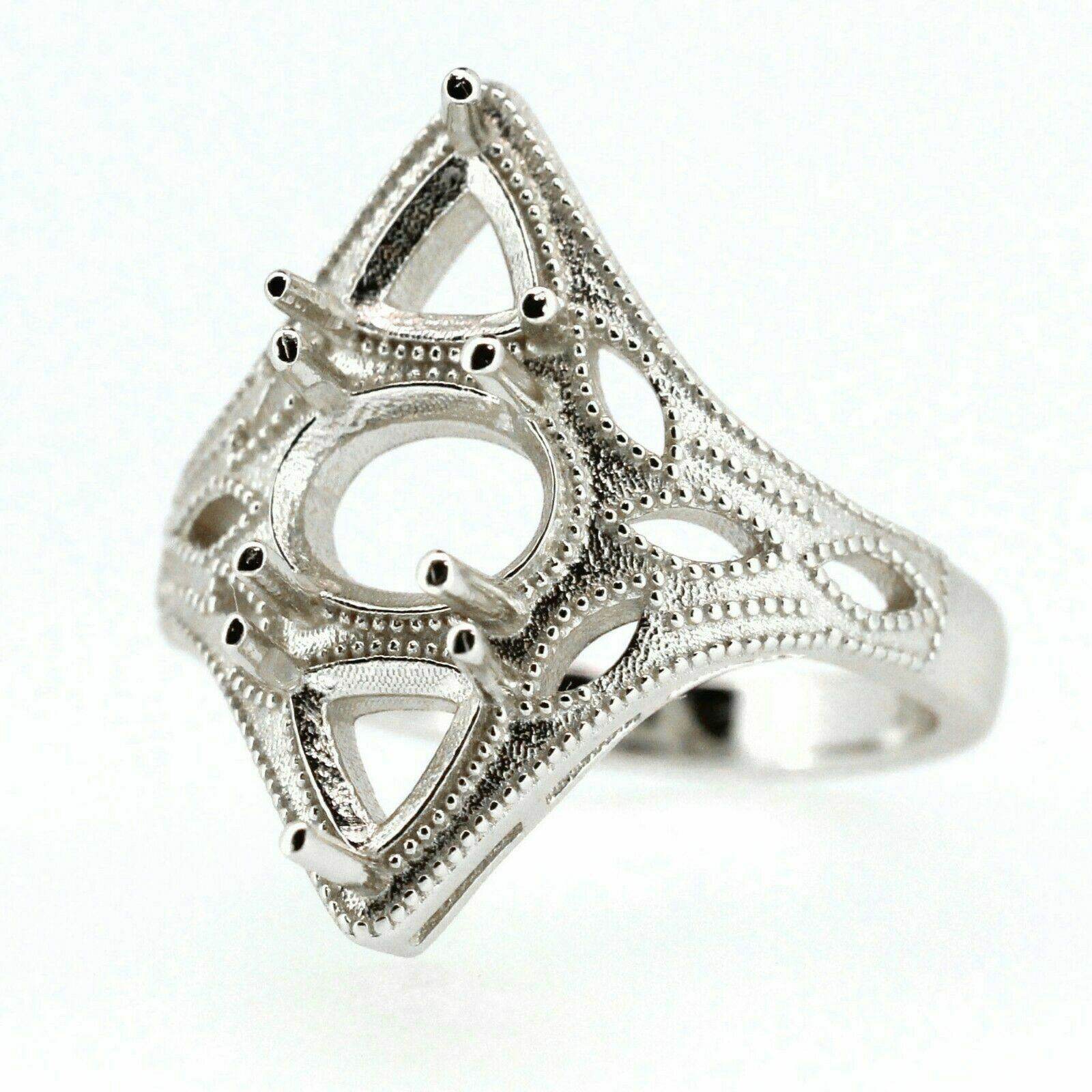 Sterling Silver Semi Mount Ring Setting Oval OV 8x6 Tri 5x5mm Art Deco Style - Syzjewelry