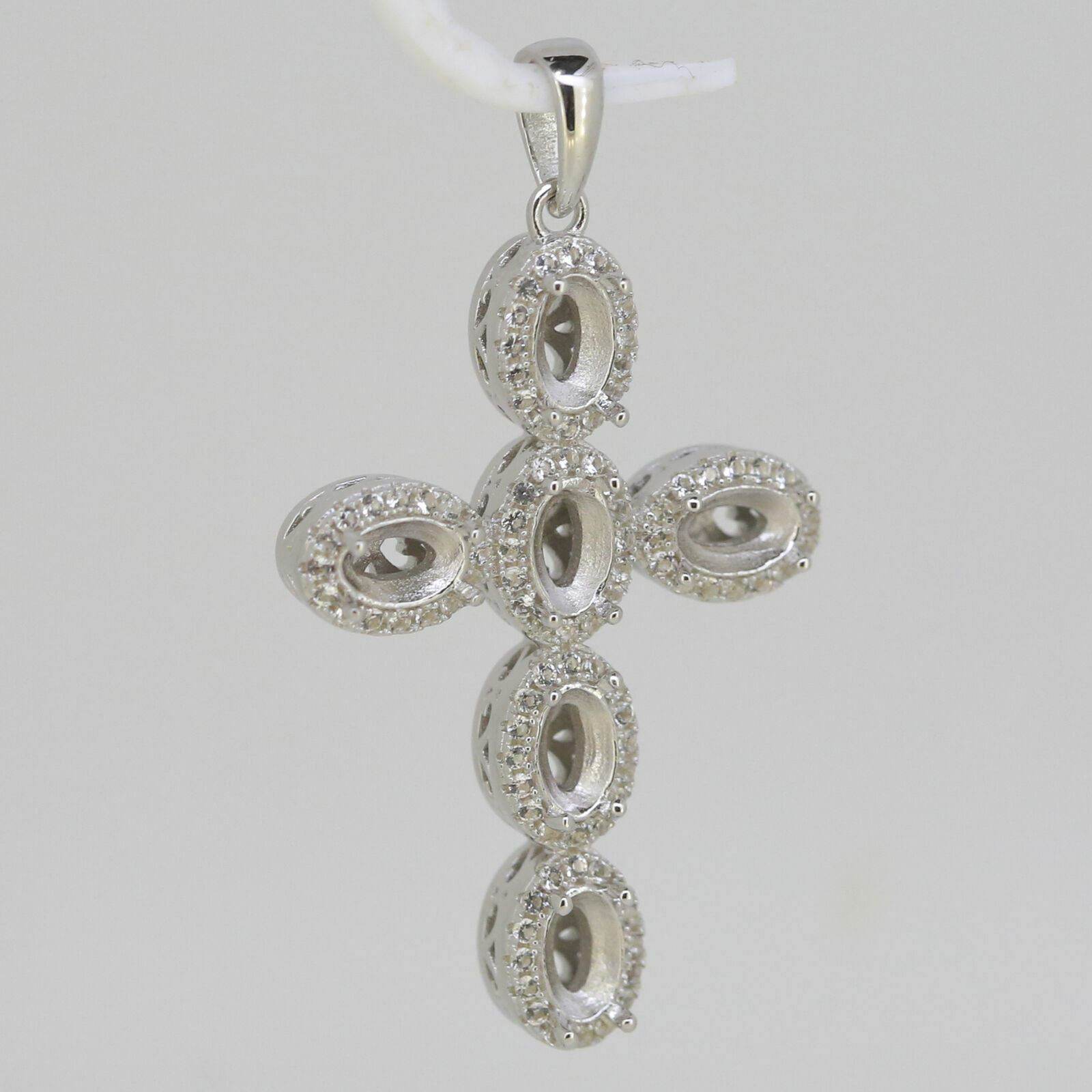 Sterling Silver Semi Mount Pendant Setting Oval OV 6x4mm Cross White Top - Syzjewelry
