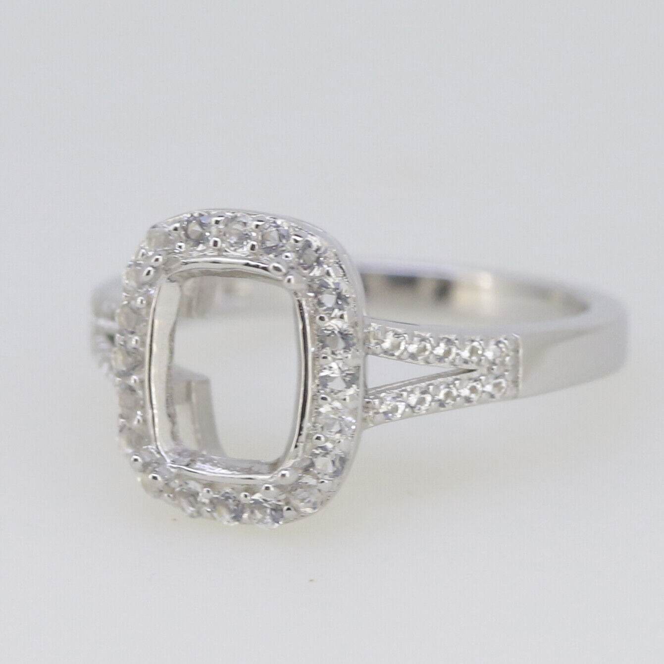Sterling Silver Semi Mount Ring Setting Cushion CU 9x7mm Halo W/ Topaz - Syzjewelry