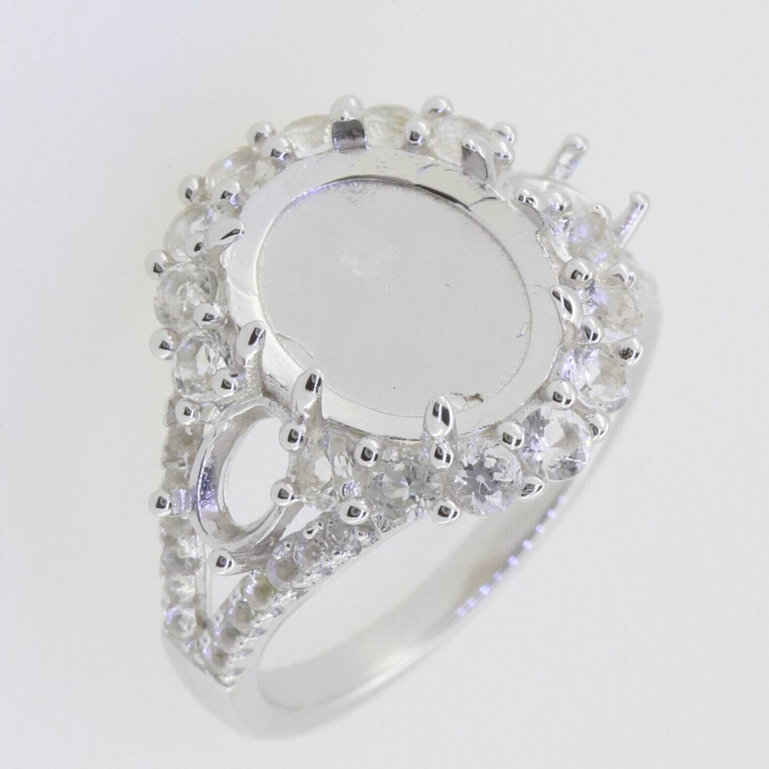 Sterling Silver Semi Mount Ring Setting Cab Oval OV 12x10mm OV 6x4 Halo 3 Stone - Syzjewelry