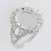 Sterling Silver Semi Mount Ring Setting Cab Oval OV 12x10mm OV 6x4 Halo 3 Stone - Syzjewelry