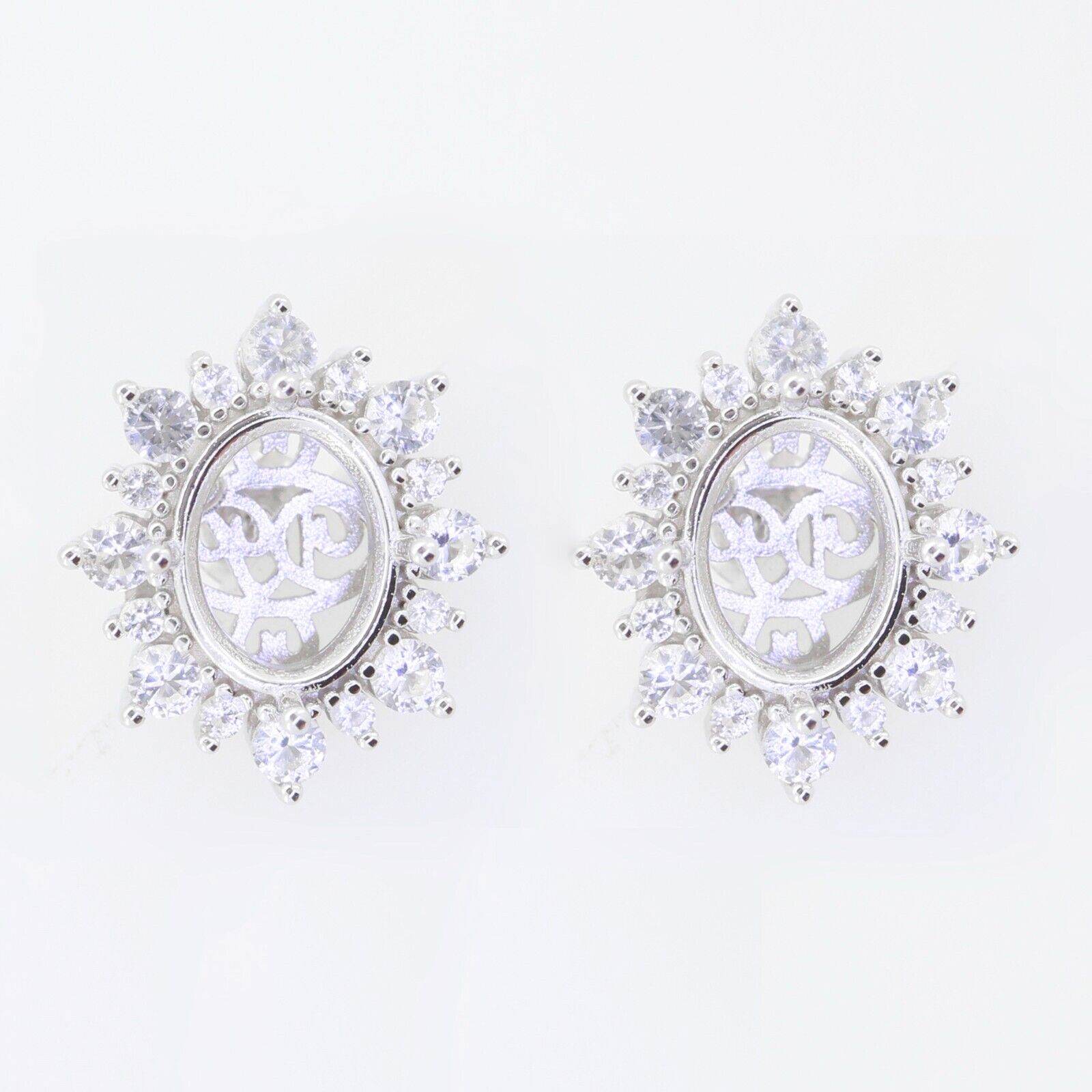 Sterling Silver Semi Mount Earrings Setting Oval OV 10X8mm Halo White Topaz - Syzjewelry