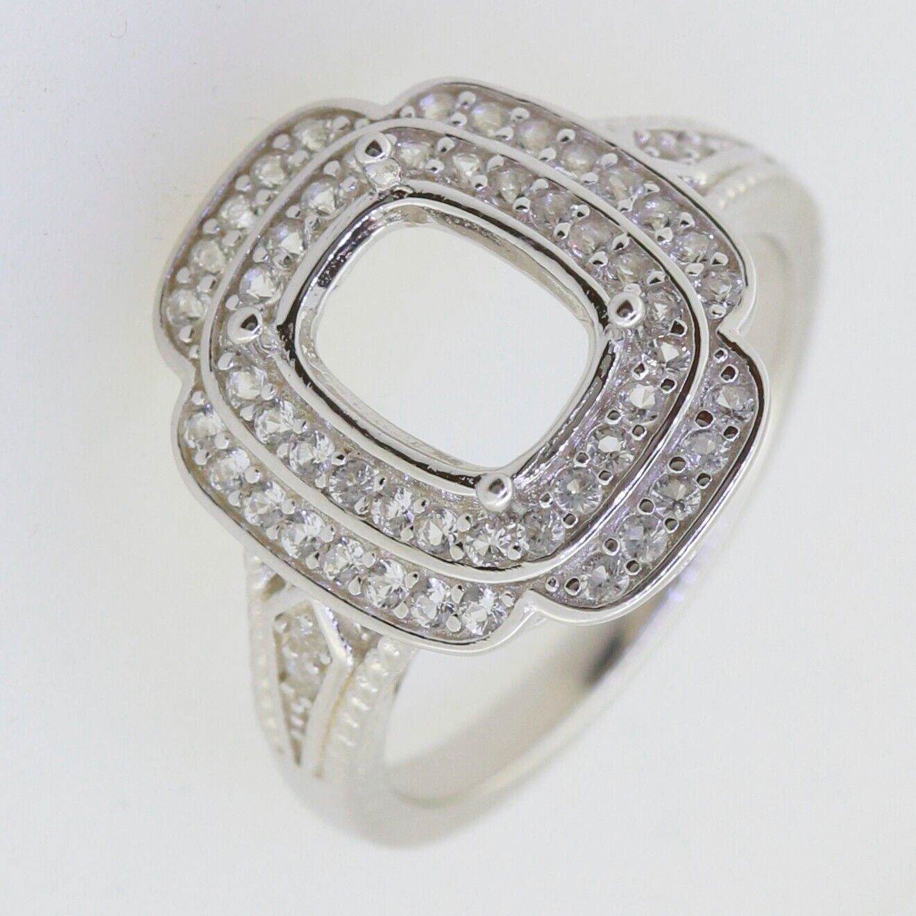 Sterling Silver Semi Mount Ring Setting Cushion CU 8x6mm Double Halo - Syzjewelry