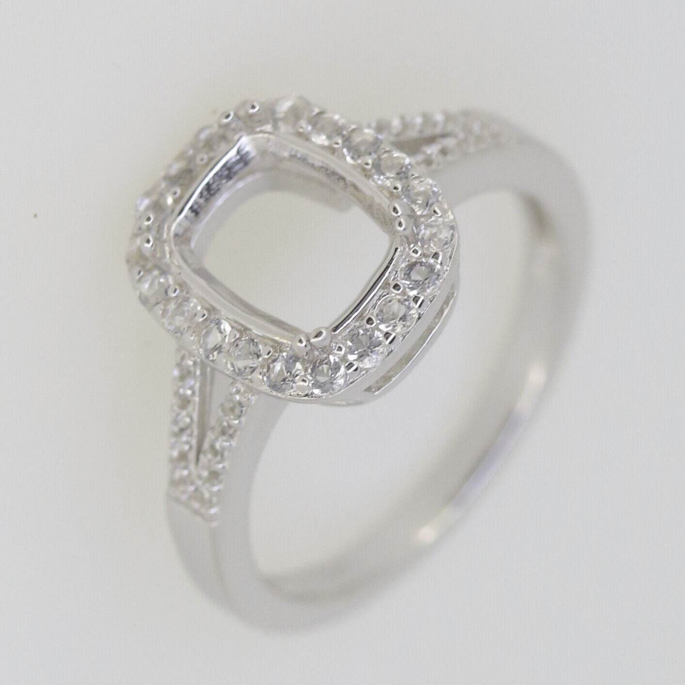 Sterling Silver Semi Mount Ring Setting Cushion CU 9x7mm Halo W/ Topaz - Syzjewelry