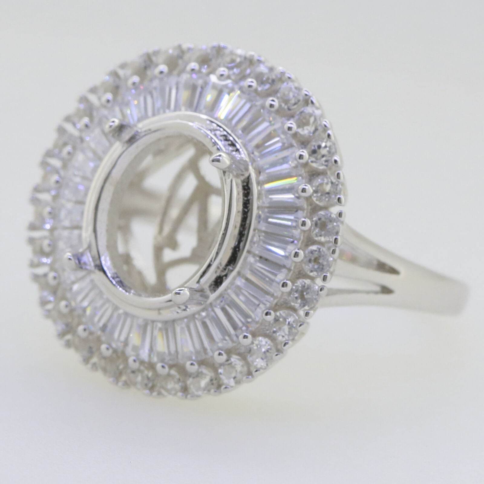 Sterling Silver Semi Mount Ring Setting Oval OV 12x10mm Baguette Halo - Syzjewelry