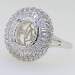 Sterling Silver Semi Mount Ring Setting Oval OV 12x10mm Baguette Halo - Syzjewelry