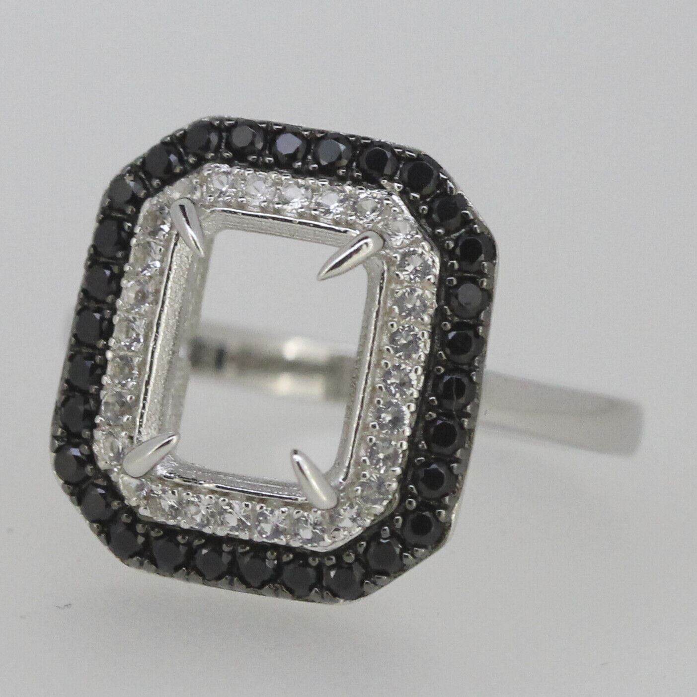 Sterling Silver Semi Mount Ring Setting Emerald OCT 10x8mm Black Spinel White Topaz Double Halo - Syzjewelry