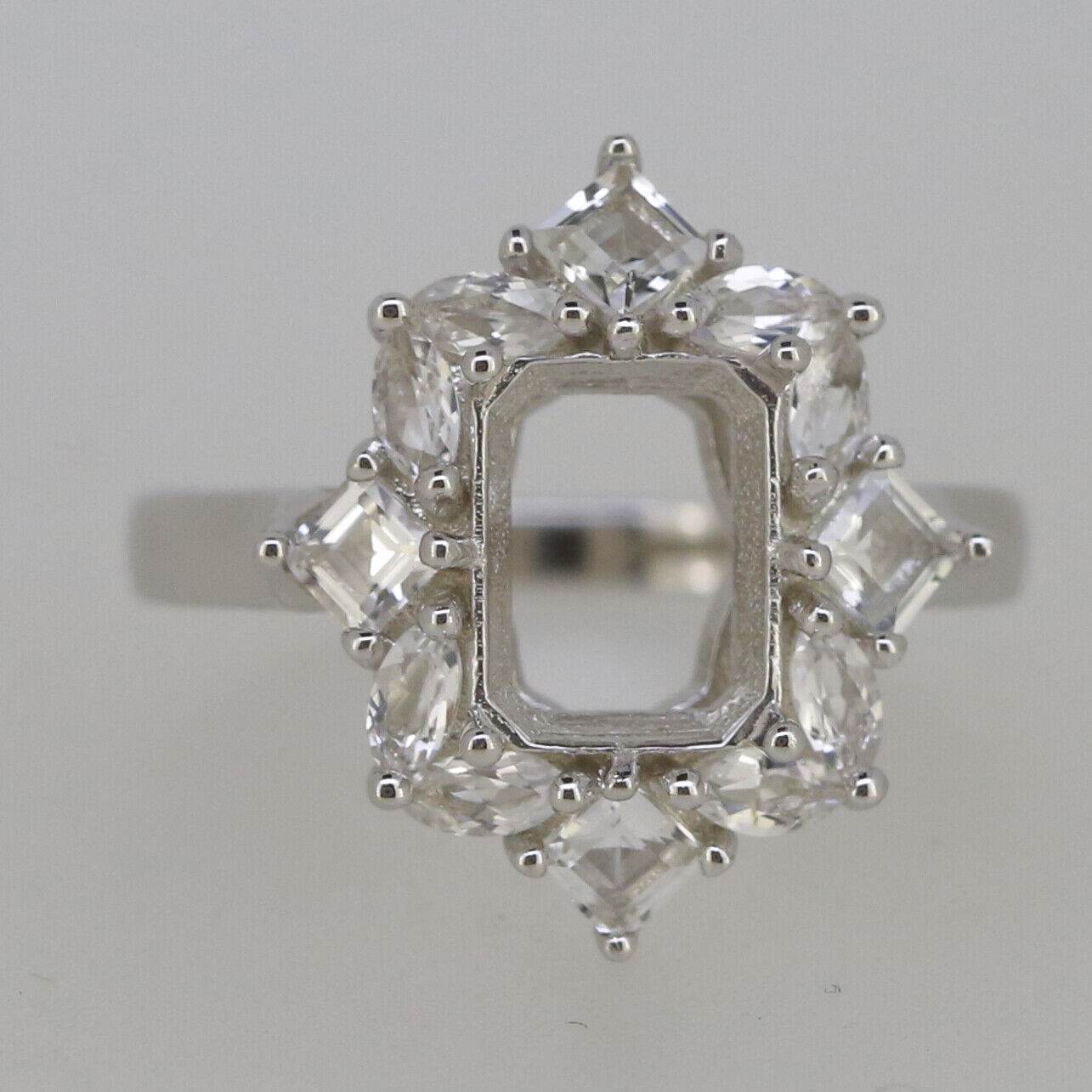 Sterling Silver Semi Mount Ring Setting OCT 9x7mm W/ Halo Baguette Accents - Syzjewelry