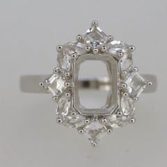 Sterling Silver Semi Mount Ring Setting OCT 9x7mm W/ Halo Baguette Accents - Syzjewelry