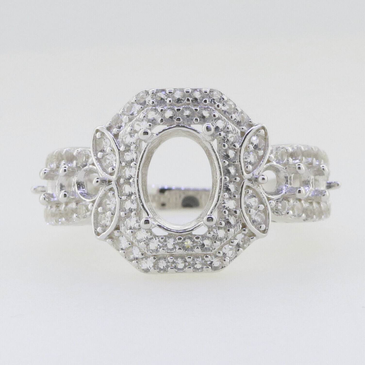 Sterling Silver Semi Mount Ring Setting Oval OV 9x7mm Double Halo 3 Ro - Syzjewelry