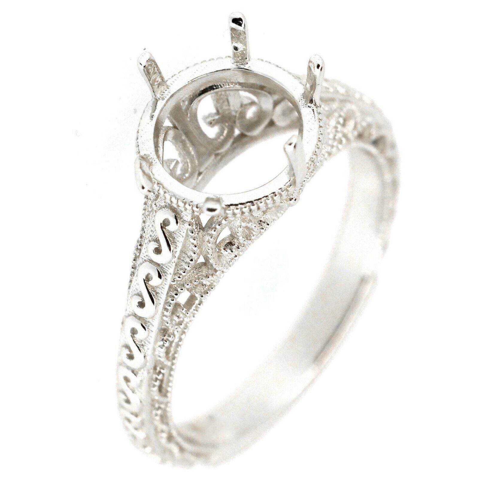 Sterling Silver Semi Mount Ring Setting Round RD 8x8mm Art Deco Style L142 - Syzjewelry