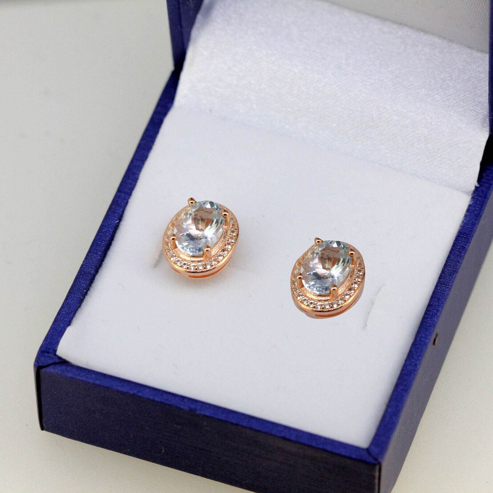 2.2 Carat Genuine Natural Aquamarine Earrings Sterling Silver Halo Stud w Topaz - Syzjewelry