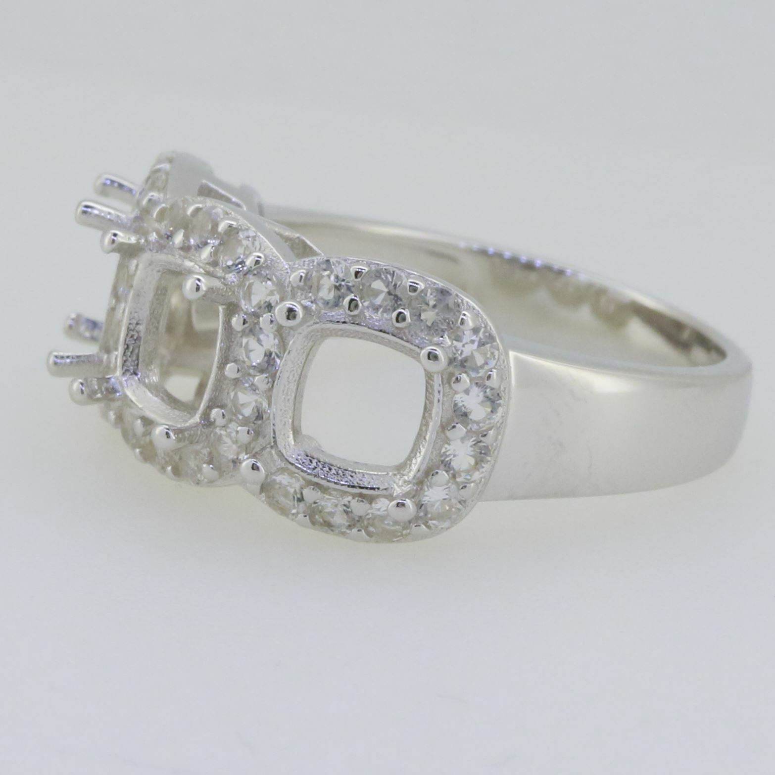 14K White Gold Semi Mount Ring Setting Cushion CU 6X6mm 3 Stone - Syzjewelry