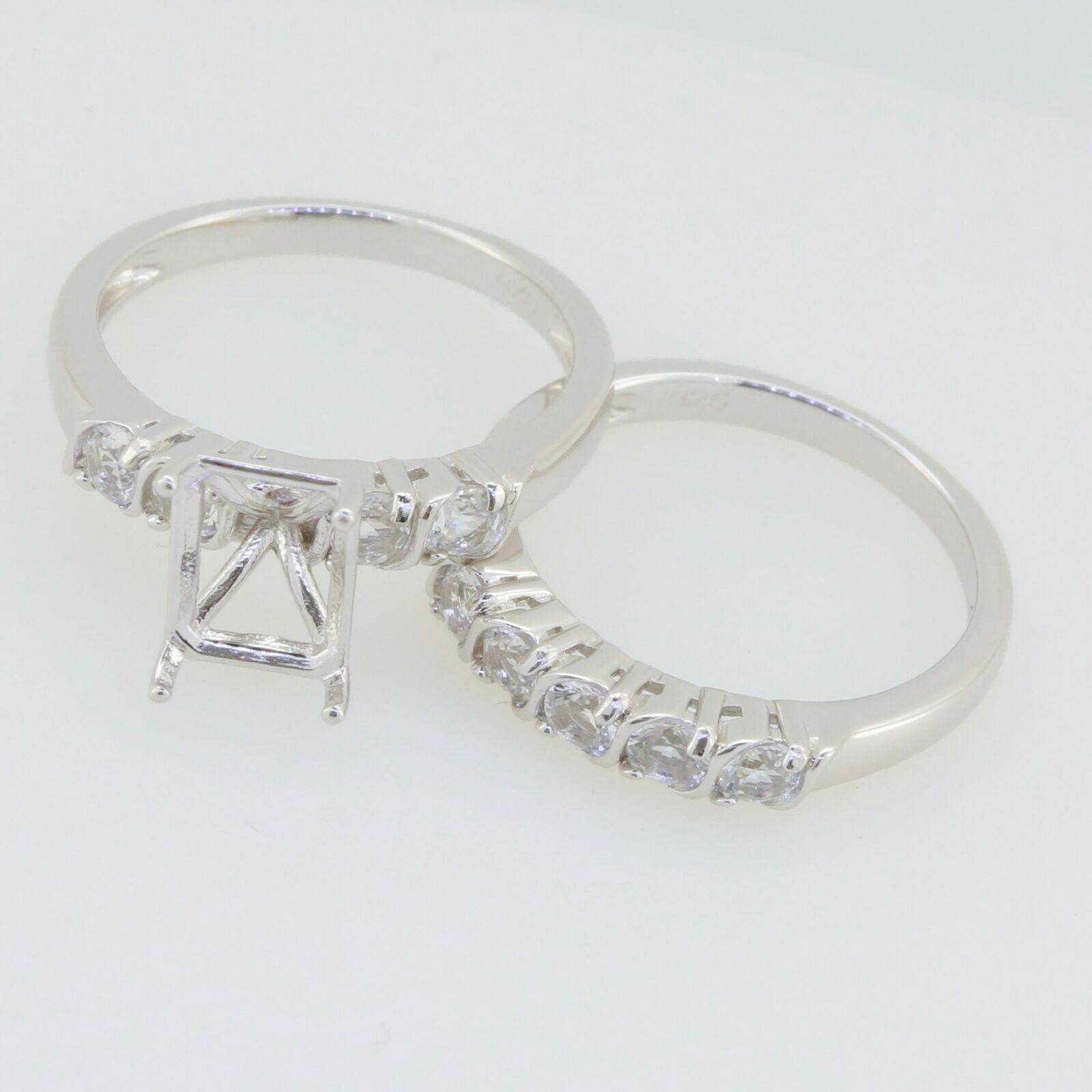 2 piece Set 14K White Gold Semi Mount Ring Setting Emerald OCT 7x5mm Engagement - Syzjewelry