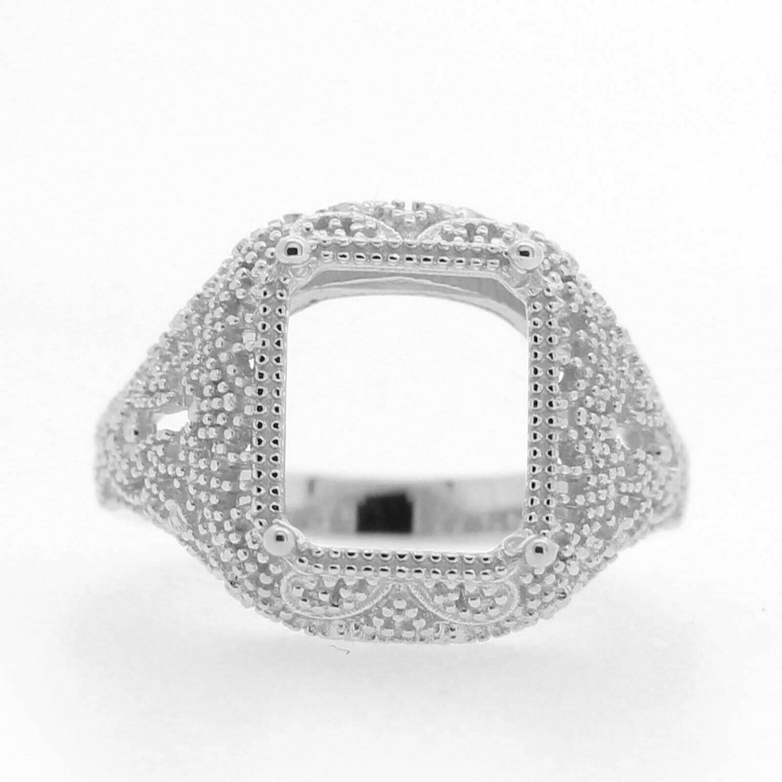 Filigree Sterling Silver Semi Mount Ring Setting Emerald OCT 11x9mm Vintage Repr - Syzjewelry