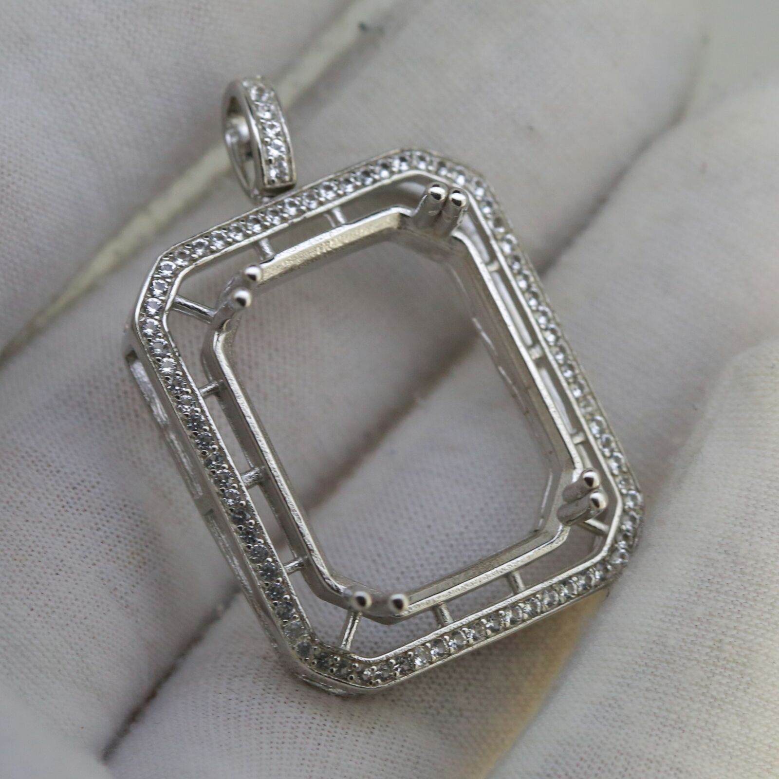 Sterling Silver Semi Mount Pendant Setting OCT 25x20mm Halo w/ White Topaz - Syzjewelry