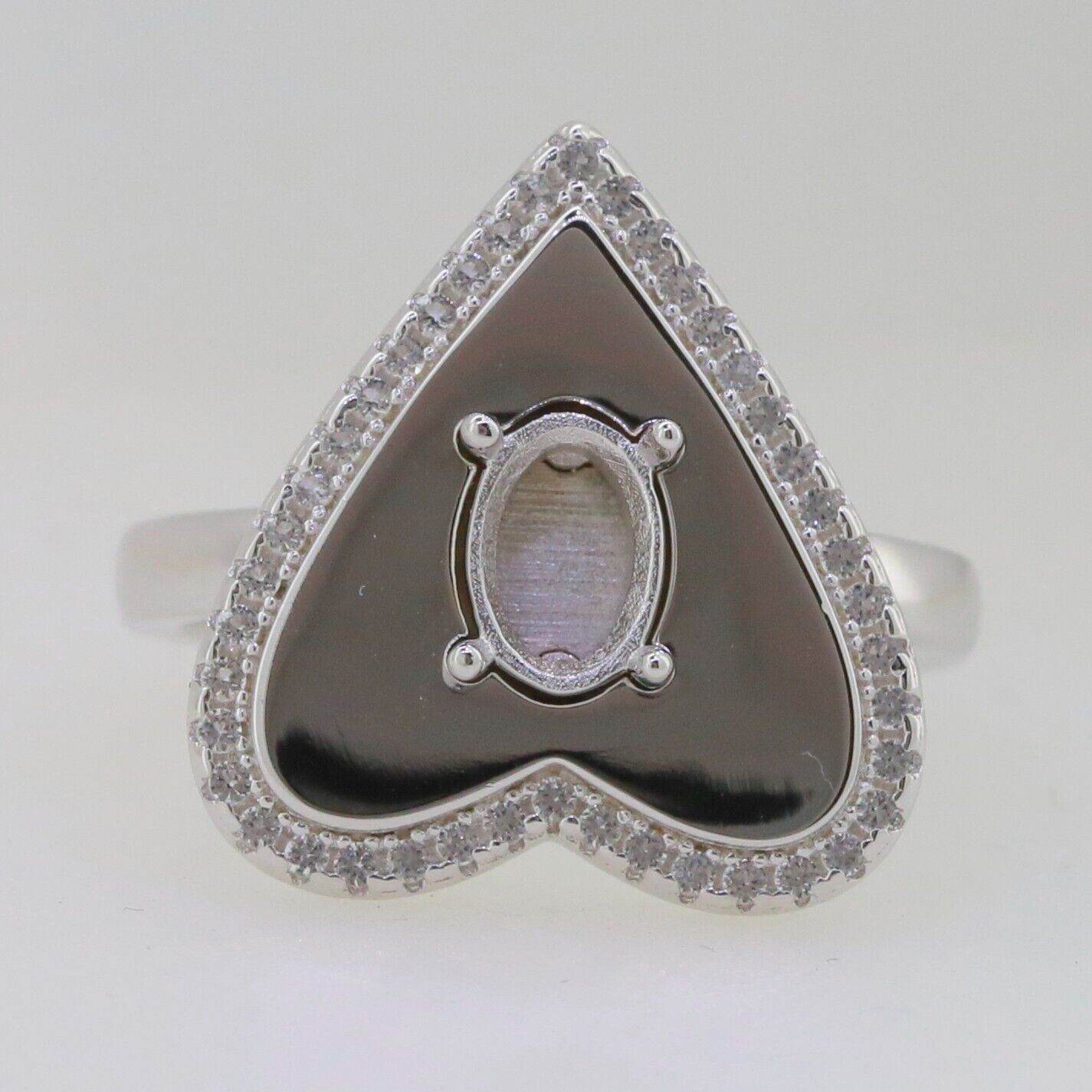 Solid Sterling Silver Semi Mount Ring Setting Oval OV 7x5mm Heart Halo - Syzjewelry