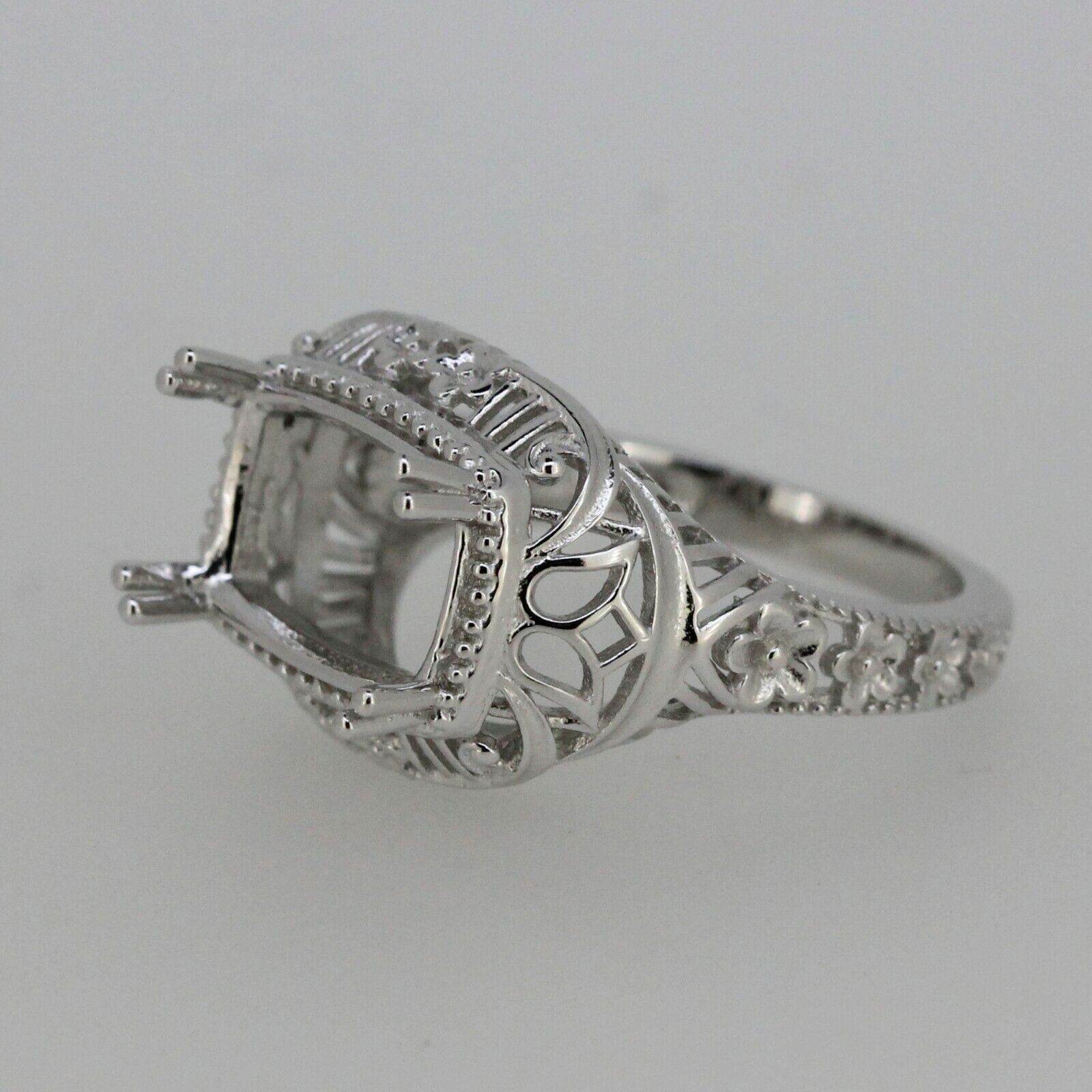 Filigree Sterling Silver Semi Mount Ring Setting Cushion Cu 12x8mm - Syzjewelry