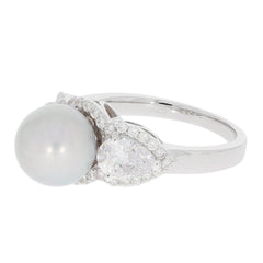 Sterling Silver Semi Mount Ring Setting Round RD 9X9mm Pearl 3 Stone Halo w/ White Topaz - Syzjewelry